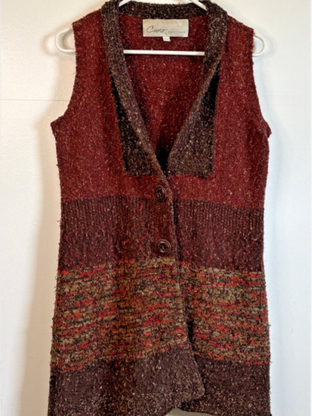Vintage Curio Long Knit Sweater Vest Cardigan Burgundy Fall Colors Womens L Boho